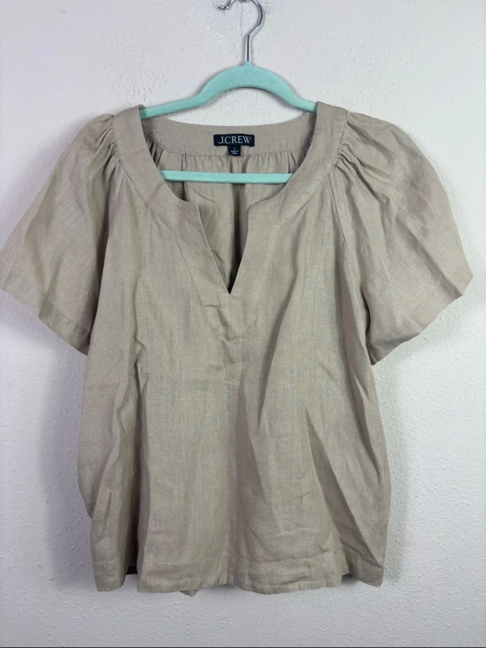 J. Crew 100% linen short flutter sleeve notched v-neck shirt tan size small